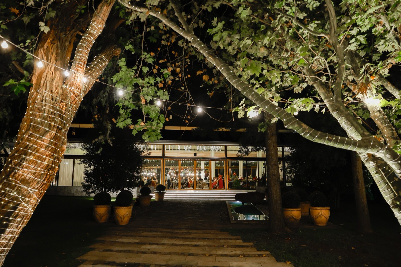 Camino nocturno de entrada a Villa Pietra