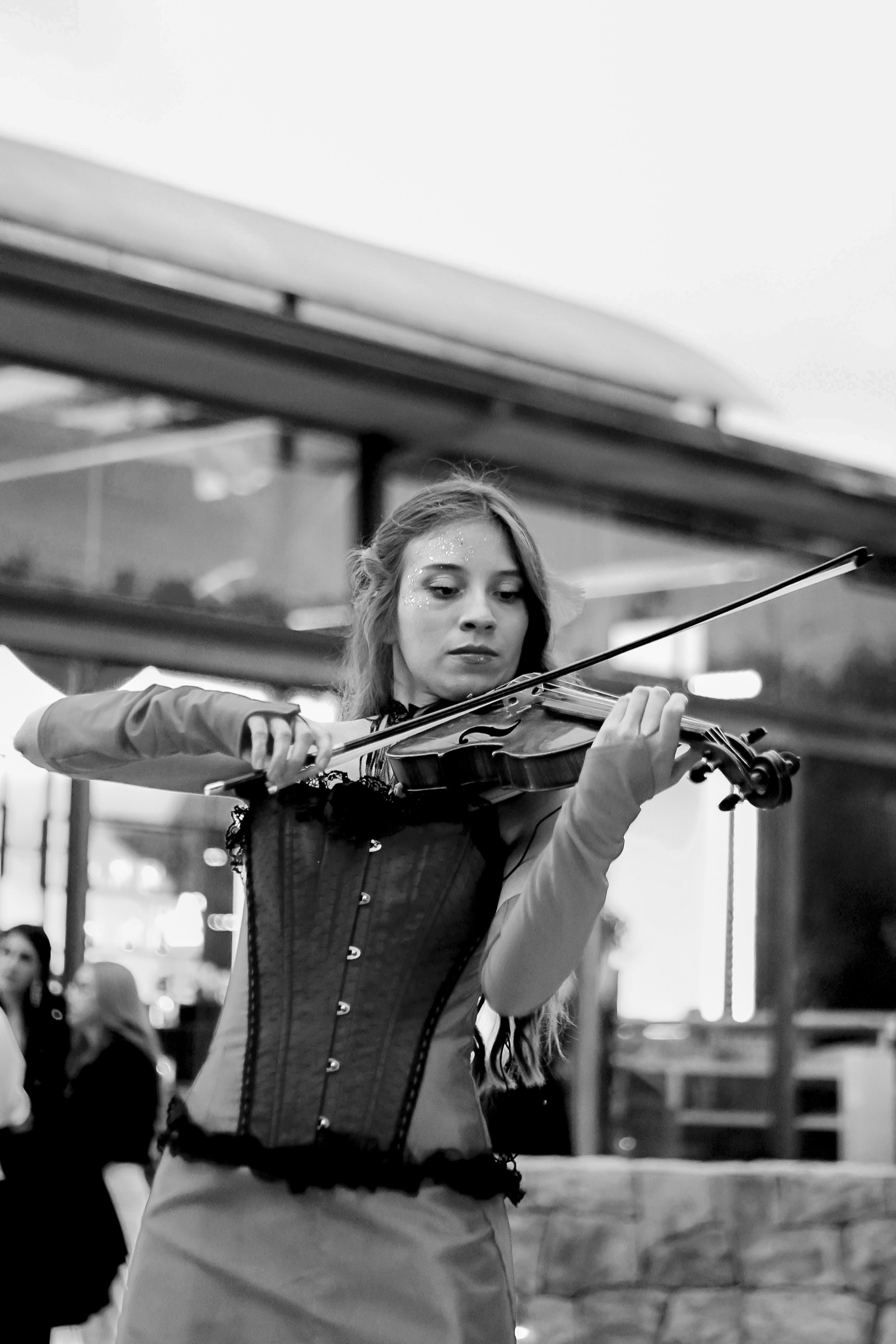 Violinista en vivo en la producción nocturna