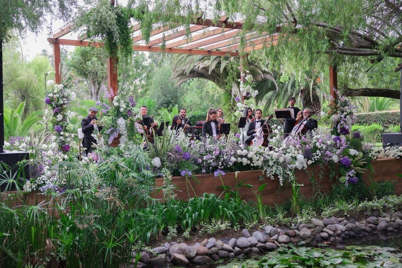 Ceremonia de boda al aire libre bajo pérgola floral