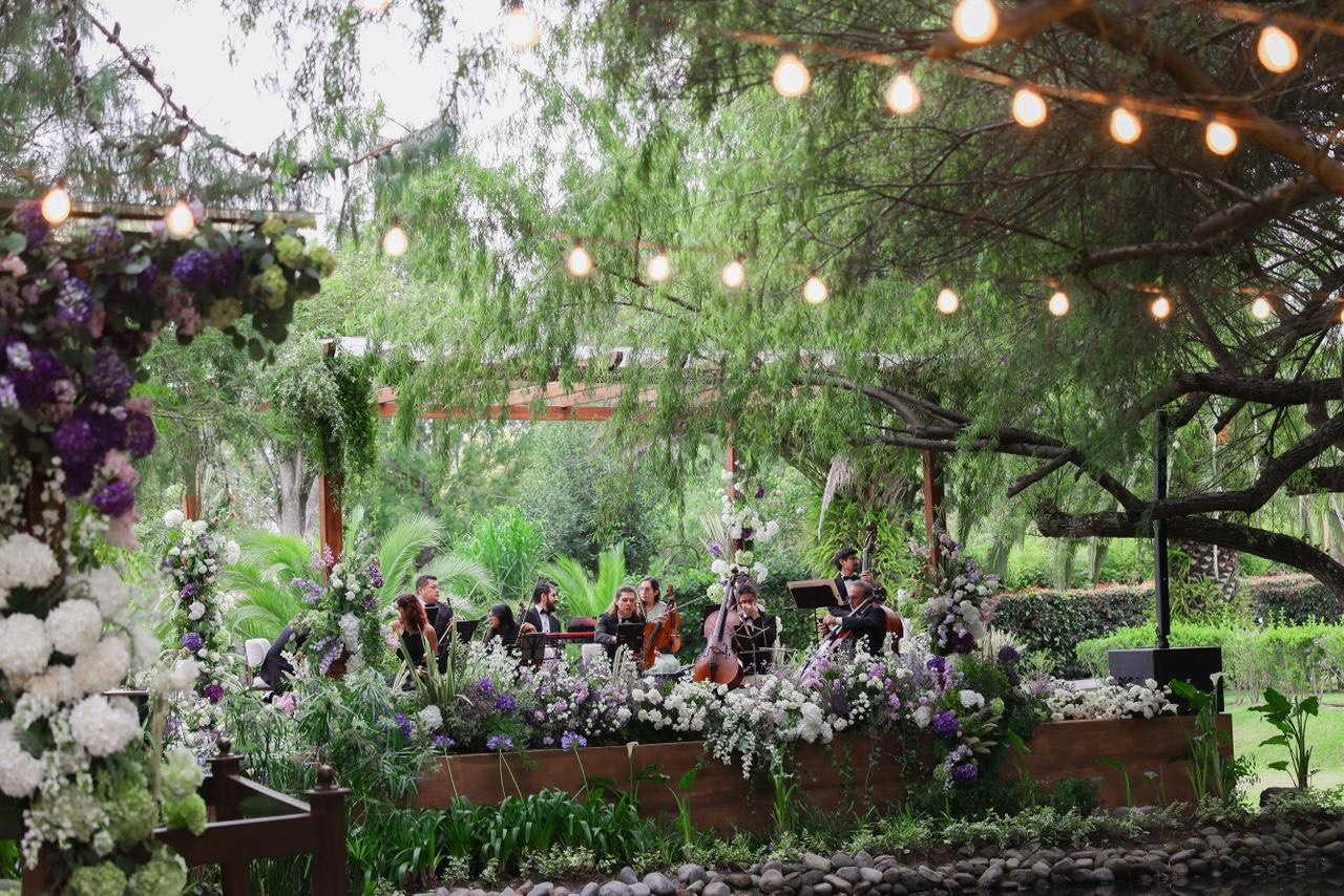 Ceremonia de boda con música en vivo entre jardines