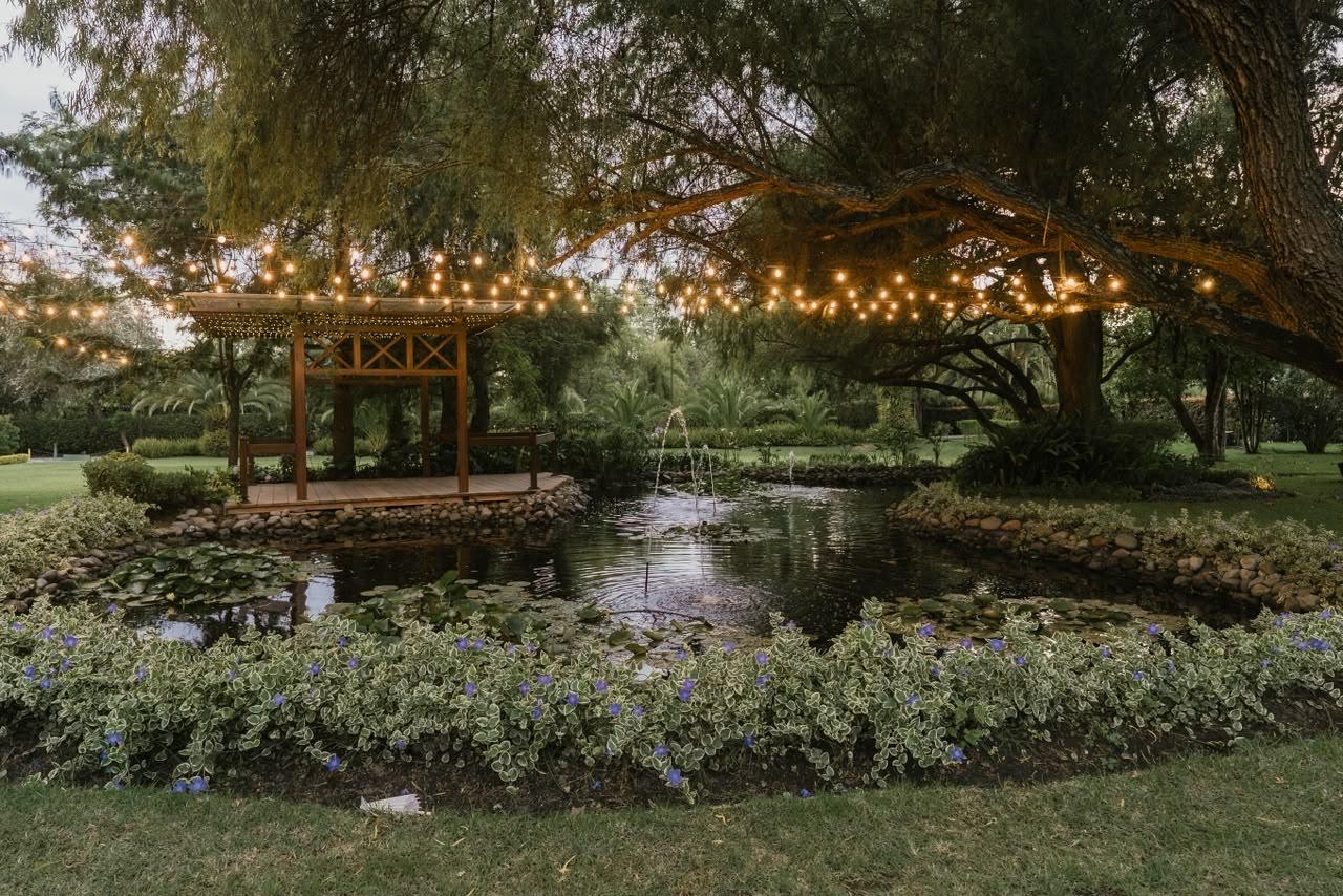 Mirador de madera junto al estanque con luces cálidas